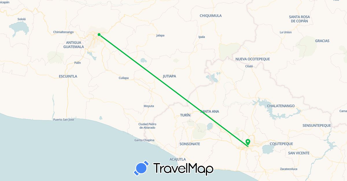 TravelMap itinerary: driving, bus in Guatemala, El Salvador (North America)